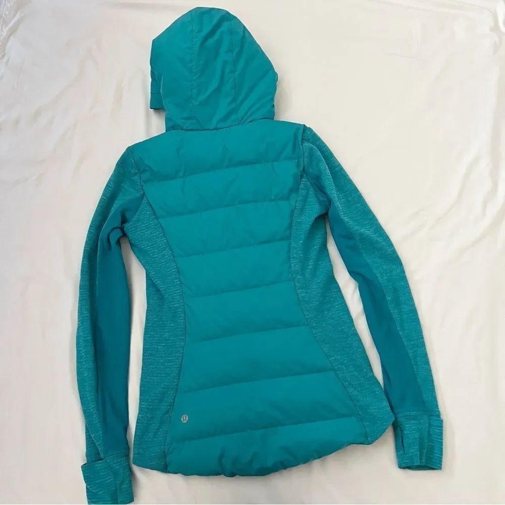 Lululemon Fluff Off Down Jacket Size 4 Pullover Puffer Hooded Blue Teal Goose - Picture 3 of 7